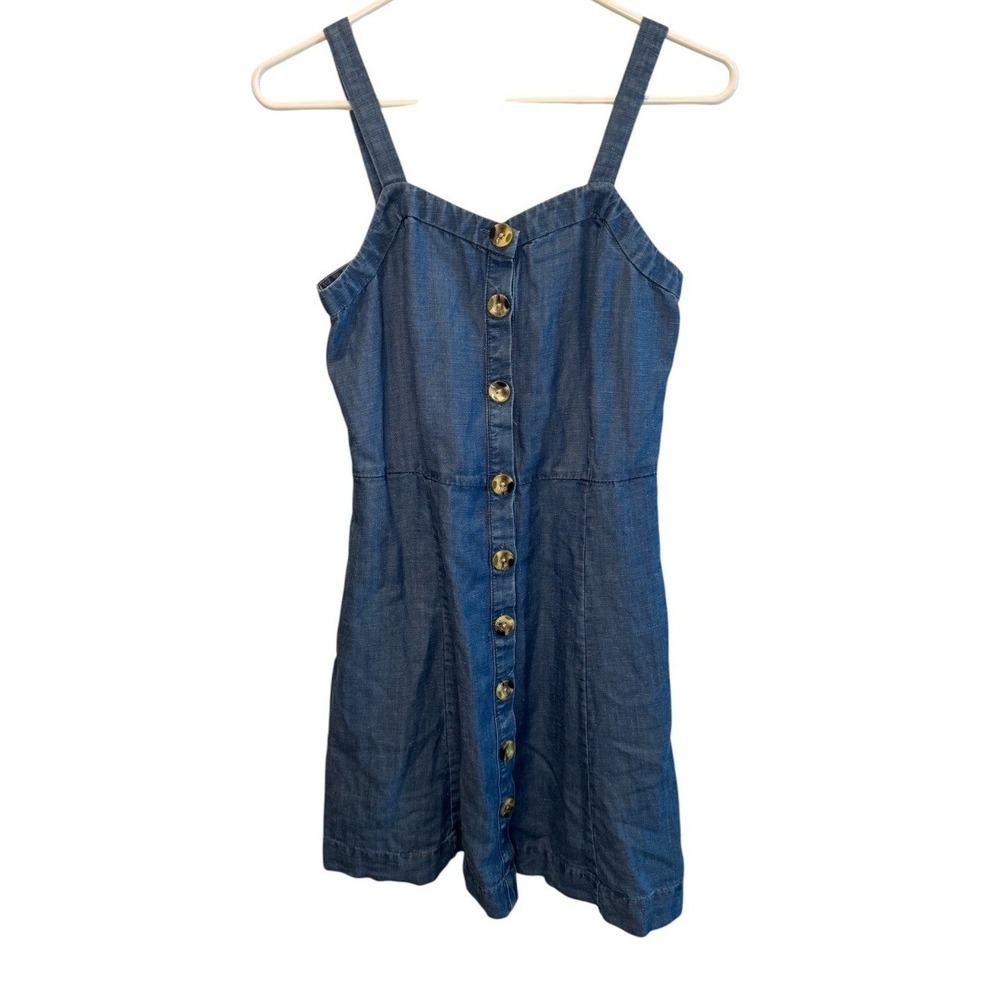 LOFT Womens Blue Linen Blend Chambray Button Front Mini Dress 0 Vacation Travel